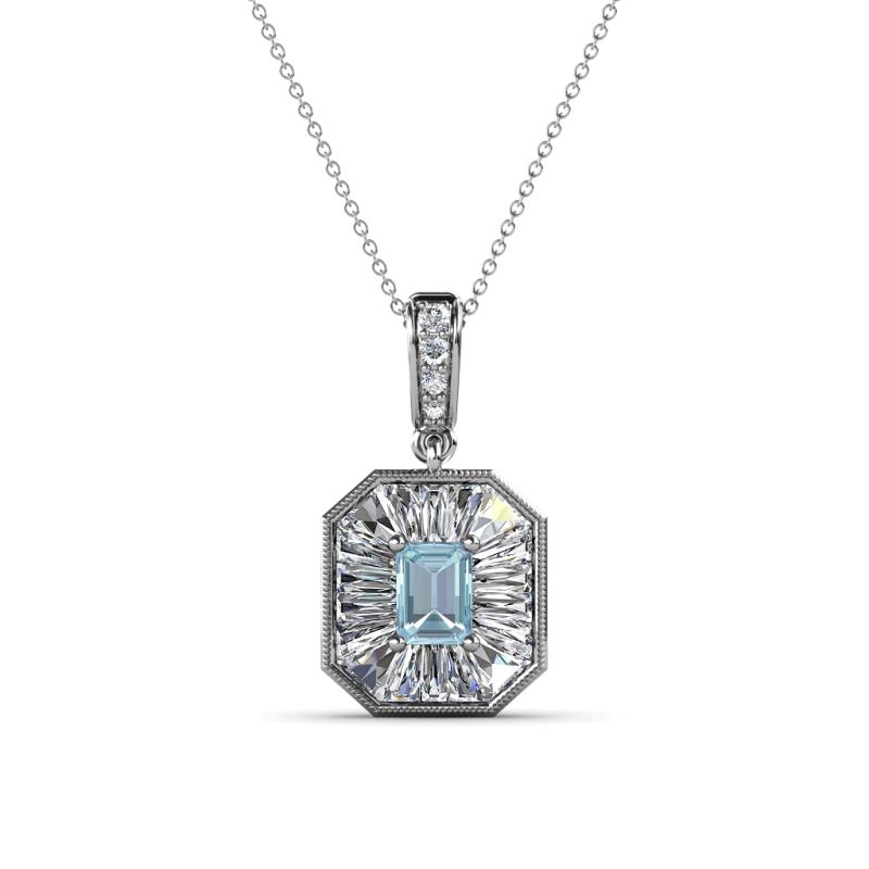 Pamela Iris 0.68 ctw Emerald Cut Aquamarine and Baguette Diamond Milgrain Halo Pendant Necklace 