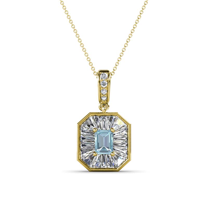 Pamela Iris 0.68 ctw Emerald Cut Aquamarine and Baguette Diamond Milgrain Halo Pendant Necklace 