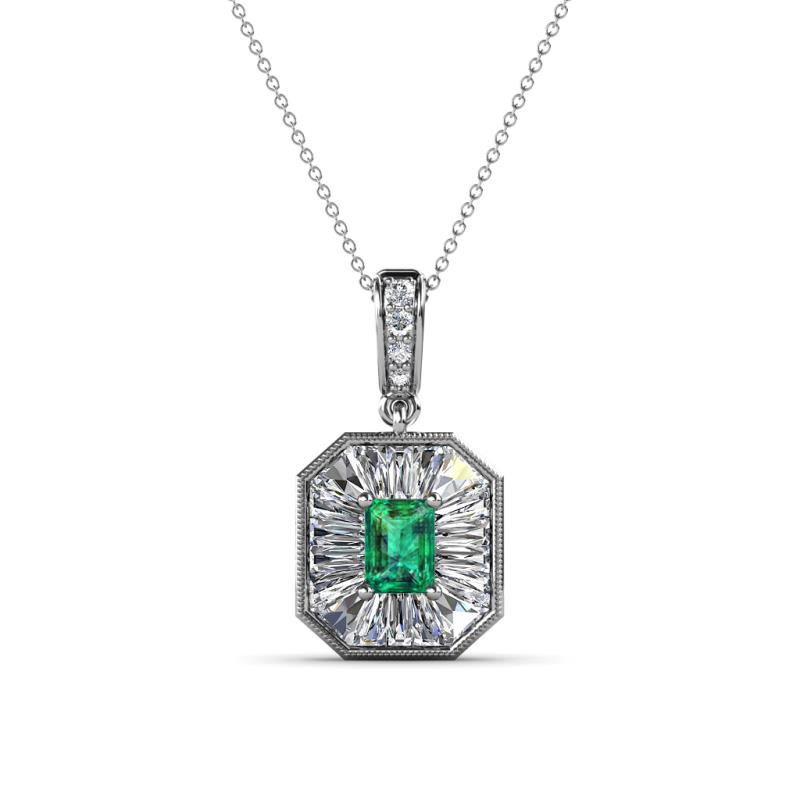 Pamela Iris 0.68 ctw Emerald Cut Emerald and Baguette Diamond Milgrain Halo Pendant Necklace 