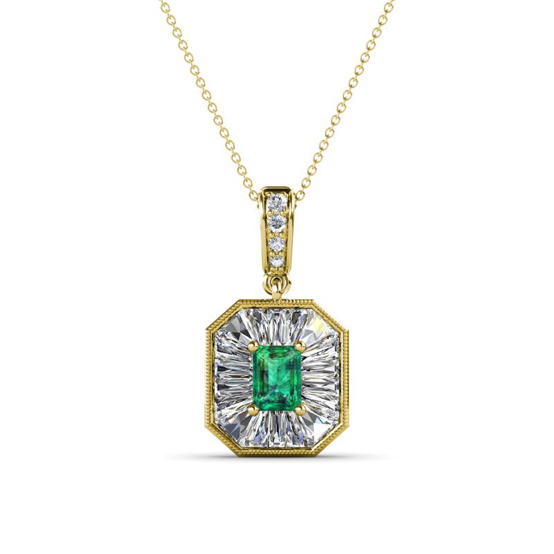 Pamela Iris 0.68 ctw Emerald Cut Emerald and Baguette Diamond Milgrain Halo Pendant Necklace 