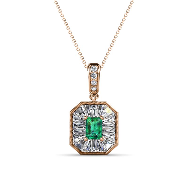 Pamela Iris 0.68 ctw Emerald Cut Emerald and Baguette Diamond Milgrain Halo Pendant Necklace 