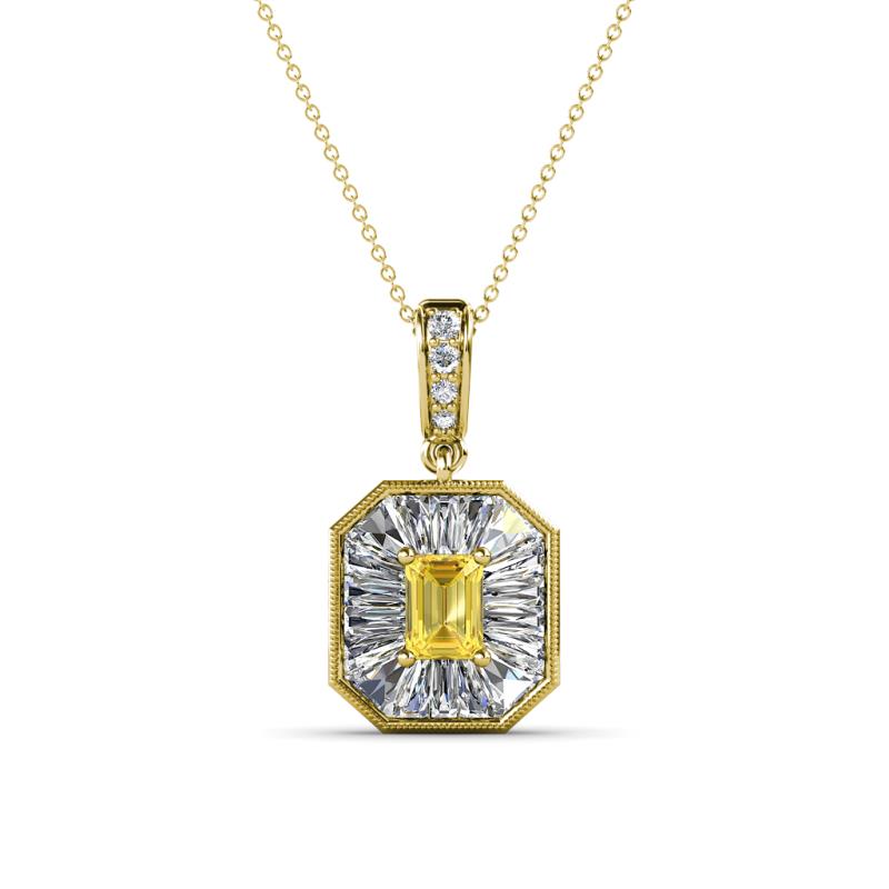 Pamela Iris 0.73 ctw Emerald Cut Yellow Sapphire and Baguette Diamond Milgrain Halo Pendant Necklace 