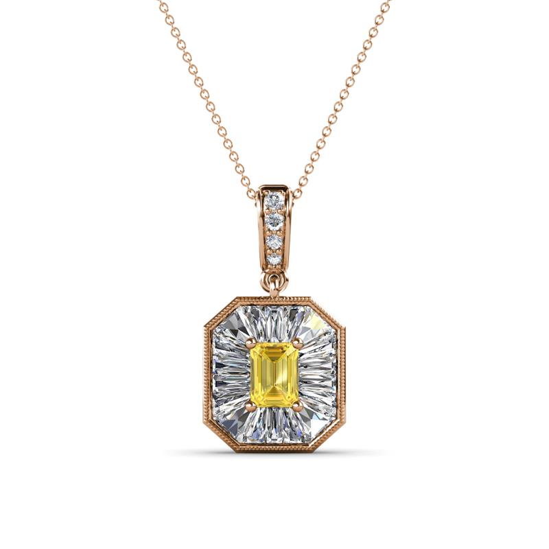 Pamela Iris 0.73 ctw Emerald Cut Yellow Sapphire and Baguette Diamond Milgrain Halo Pendant Necklace 