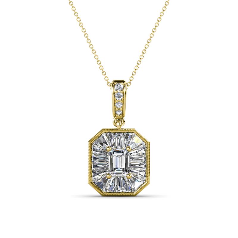 Pamela Iris 0.78 ctw Emerald Cut Lab Grown Diamond and Baguette Diamond Milgrain Halo Pendant Necklace 