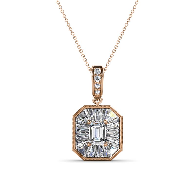 Pamela Iris 0.78 ctw Emerald Cut Lab Grown Diamond and Baguette Diamond Milgrain Halo Pendant Necklace 