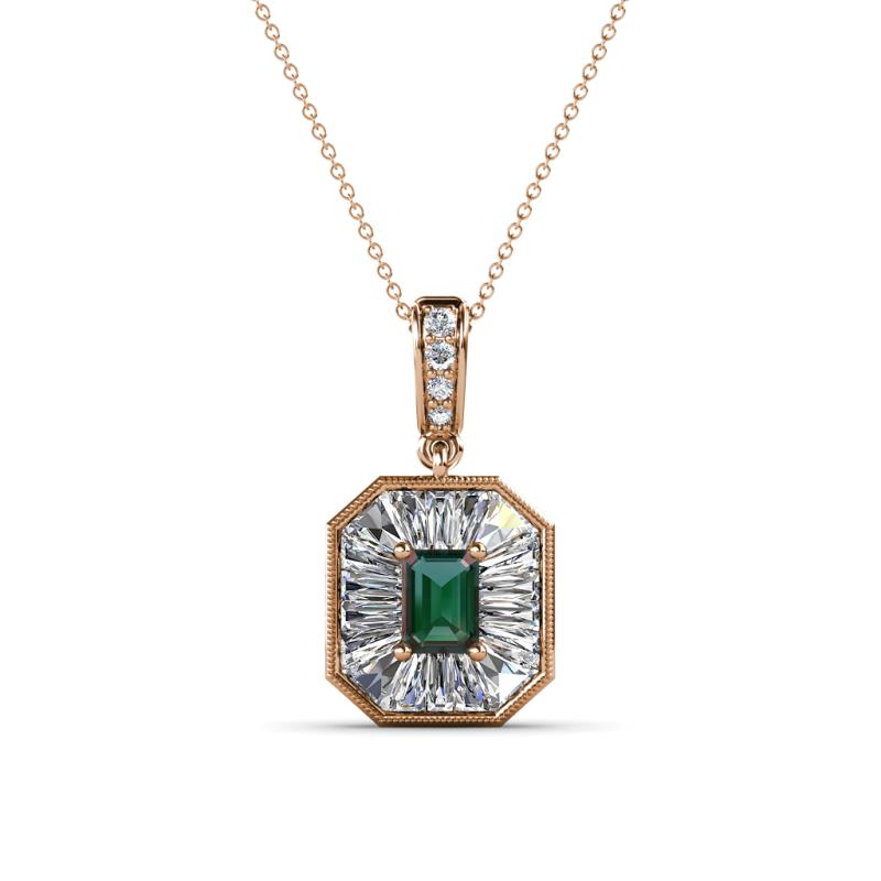 Pamela Iris 0.80 Emerald Cut Lab Created Alexandrite and Baguette Diamond Milgrain Halo Pendant Necklace 