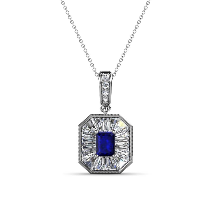 Pamela Iris 0.73 ctw Emerald Cut Blue Sapphire and Baguette Diamond Milgrain Halo Pendant Necklace 