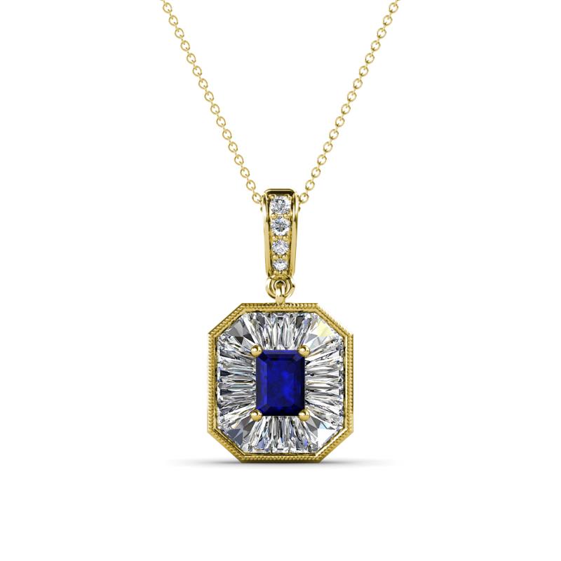 Pamela Iris 0.73 ctw Emerald Cut Blue Sapphire and Baguette Diamond Milgrain Halo Pendant Necklace 
