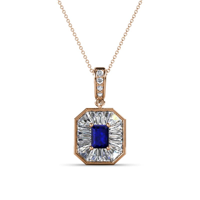 Pamela Iris 0.73 ctw Emerald Cut Blue Sapphire and Baguette Diamond Milgrain Halo Pendant Necklace 