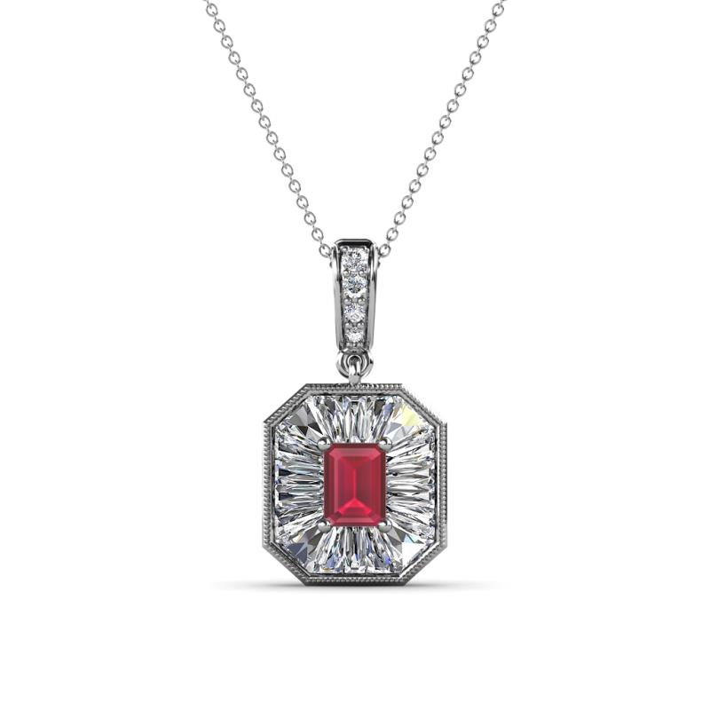 Pamela Iris 0.73 ctw Emerald Cut Ruby and Baguette Diamond Milgrain Halo Pendant Necklace 