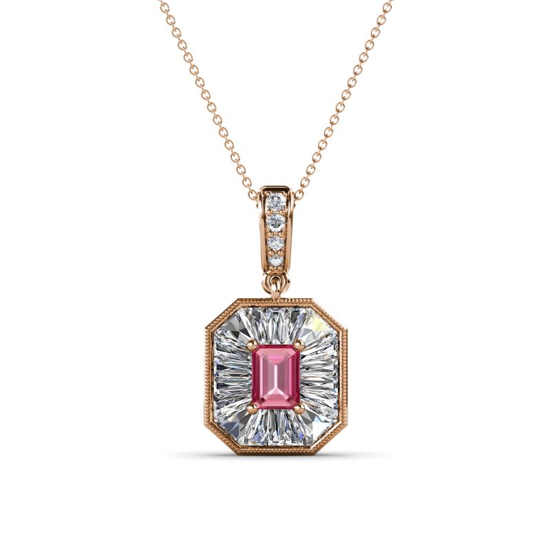 Pamela Iris 0.78 ctw Emerald Cut Pink Tourmaline and Baguette Diamond Milgrain Halo Pendant Necklace 