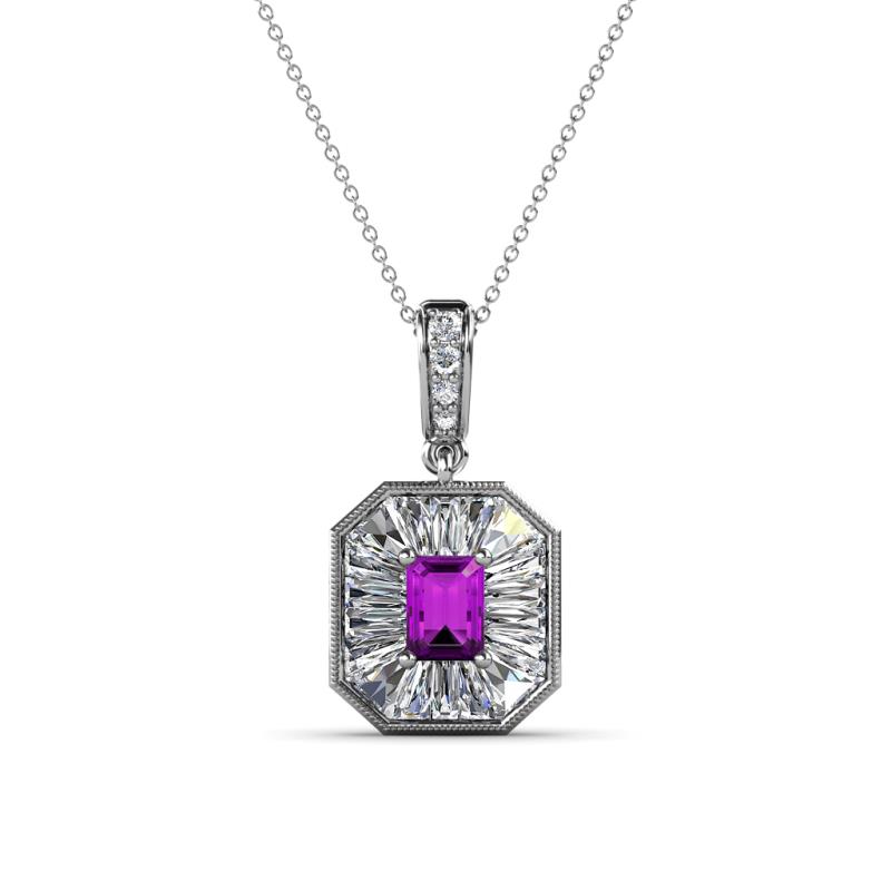 Pamela Iris 0.71 ctw Emerald Cut Amethyst and Baguette Diamond Milgrain Halo Pendant Necklace 