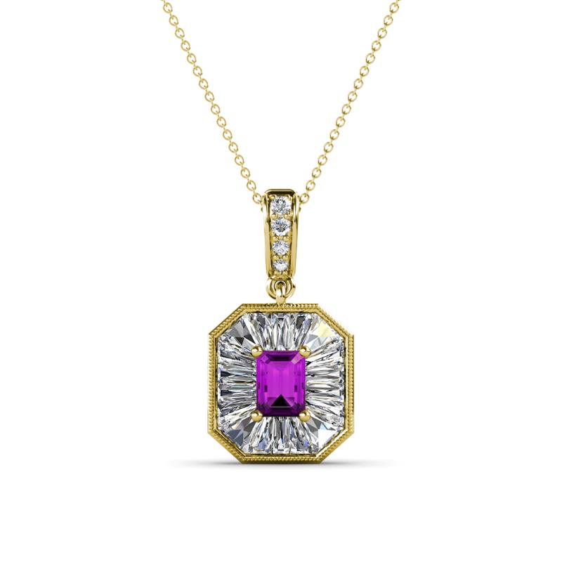 Pamela Iris 0.71 ctw Emerald Cut Amethyst and Baguette Diamond Milgrain Halo Pendant Necklace 