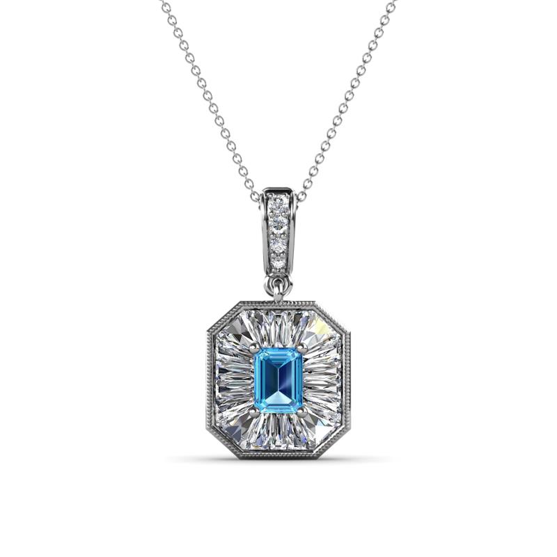 Pamela Iris 0.80 ctw Emerald Cut Blue Topaz and Baguette Diamond Milgrain Halo Pendant Necklace 