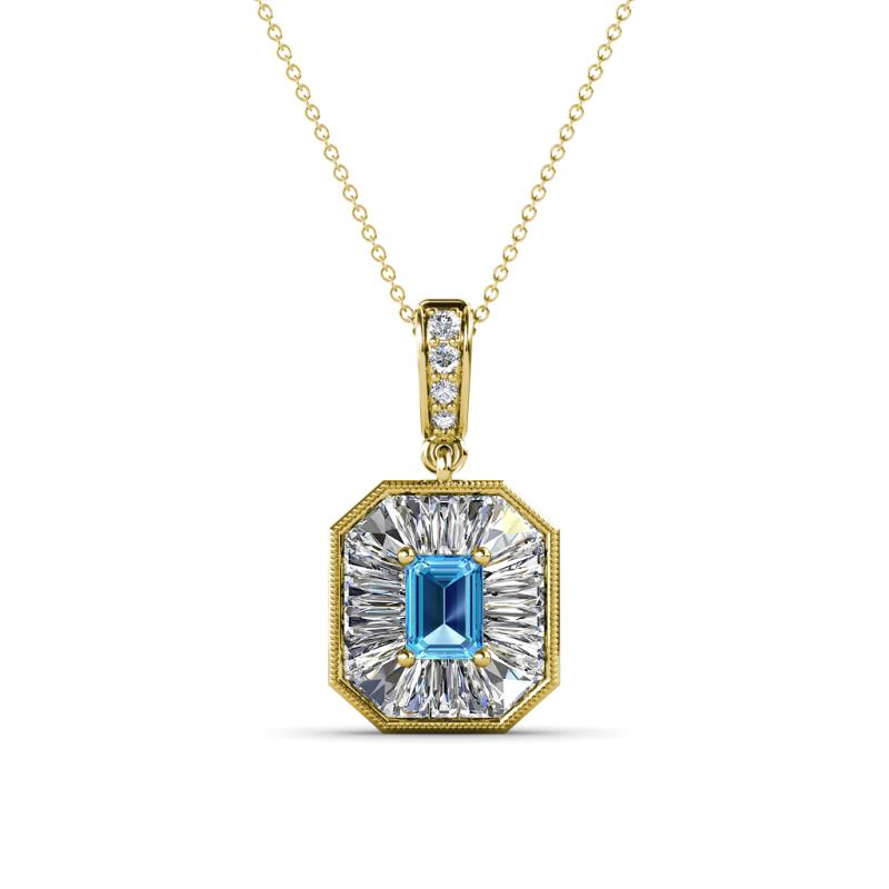 Pamela Iris 0.80 ctw Emerald Cut Blue Topaz and Baguette Diamond Milgrain Halo Pendant Necklace 