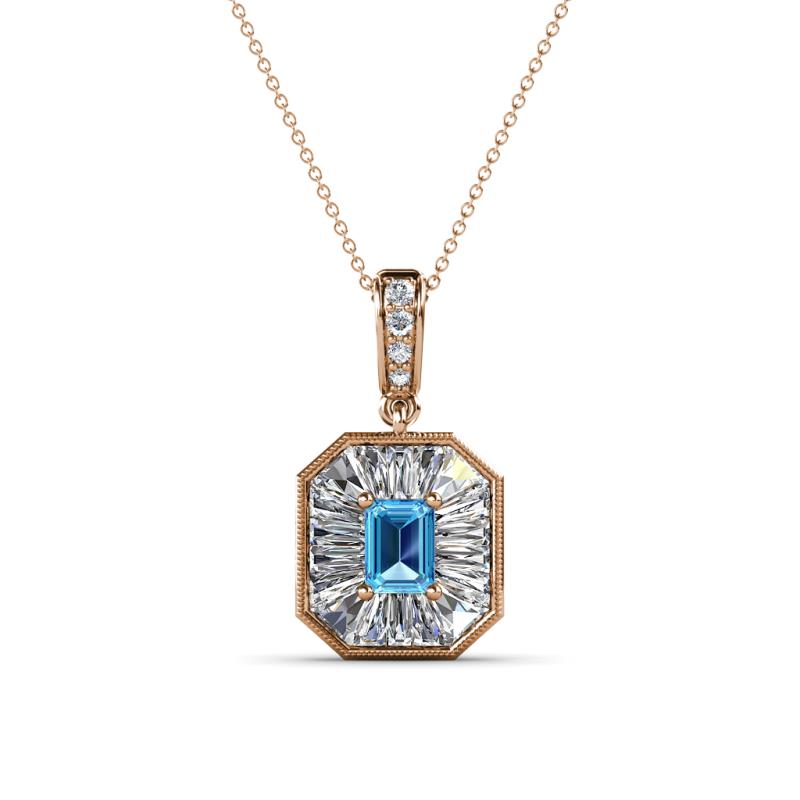 Pamela Iris 0.80 ctw Emerald Cut Blue Topaz and Baguette Diamond Milgrain Halo Pendant Necklace 