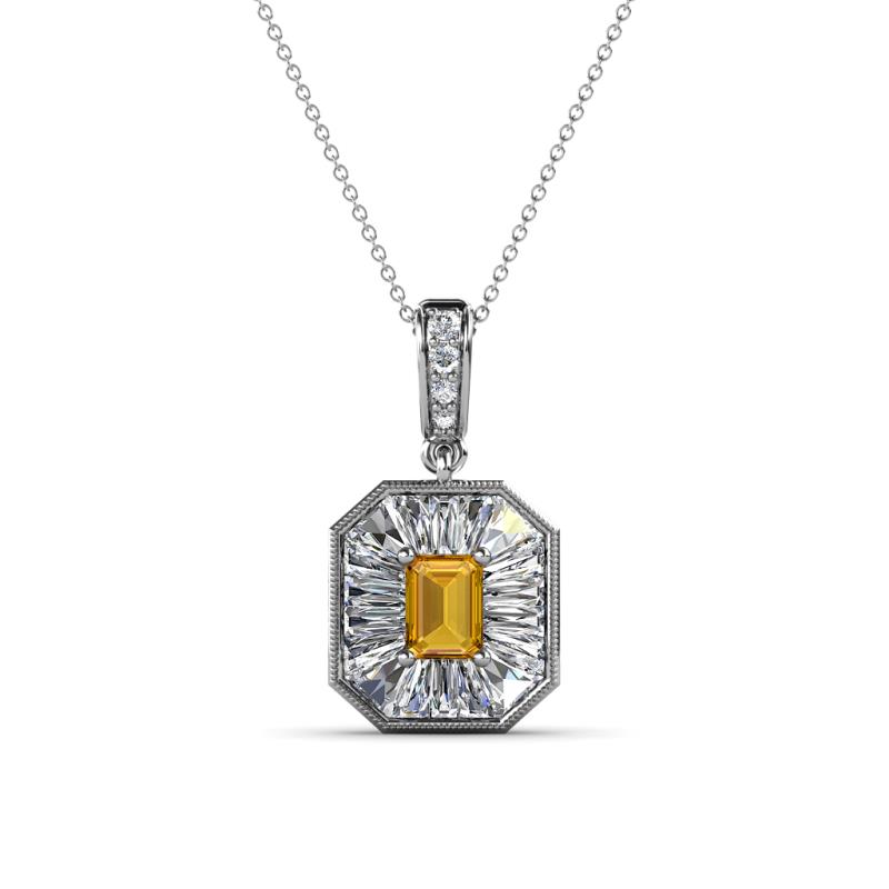 Pamela Iris 0.71 ctw Emerald Cut Citrine and Baguette Diamond Milgrain Halo Pendant Necklace 