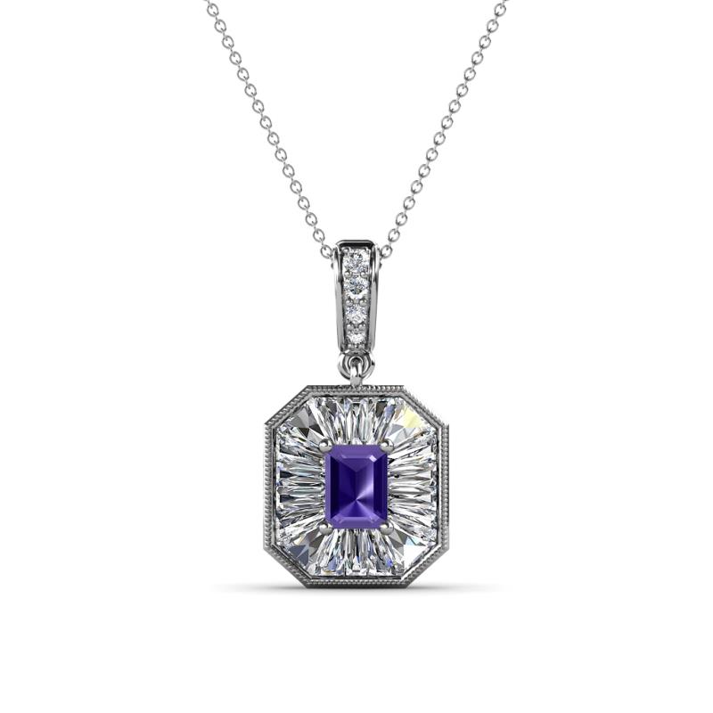 Pamela Iris 0.68 ctw Emerald Cut Iolite and Baguette Diamond Milgrain Halo Pendant Necklace 