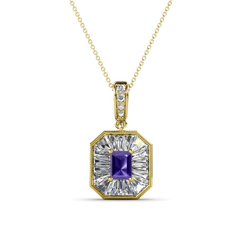 Pamela Iris 0.68 ctw Emerald Cut Iolite and Baguette Diamond Milgrain Halo Pendant Necklace 