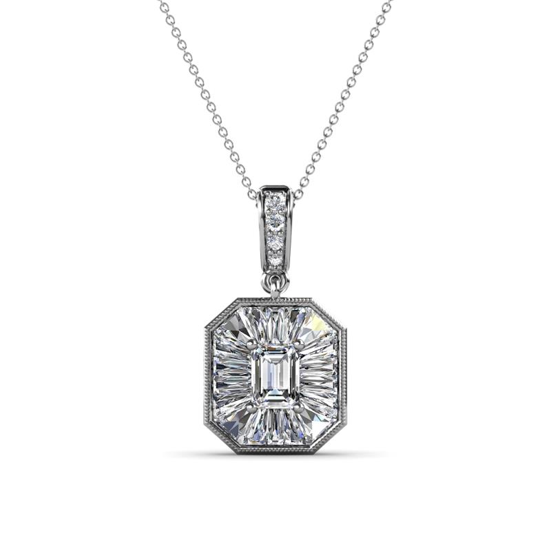 Pamela Iris 0.78 ctw Emerald Cut and Baguette Diamond Milgrain Halo Pendant Necklace 