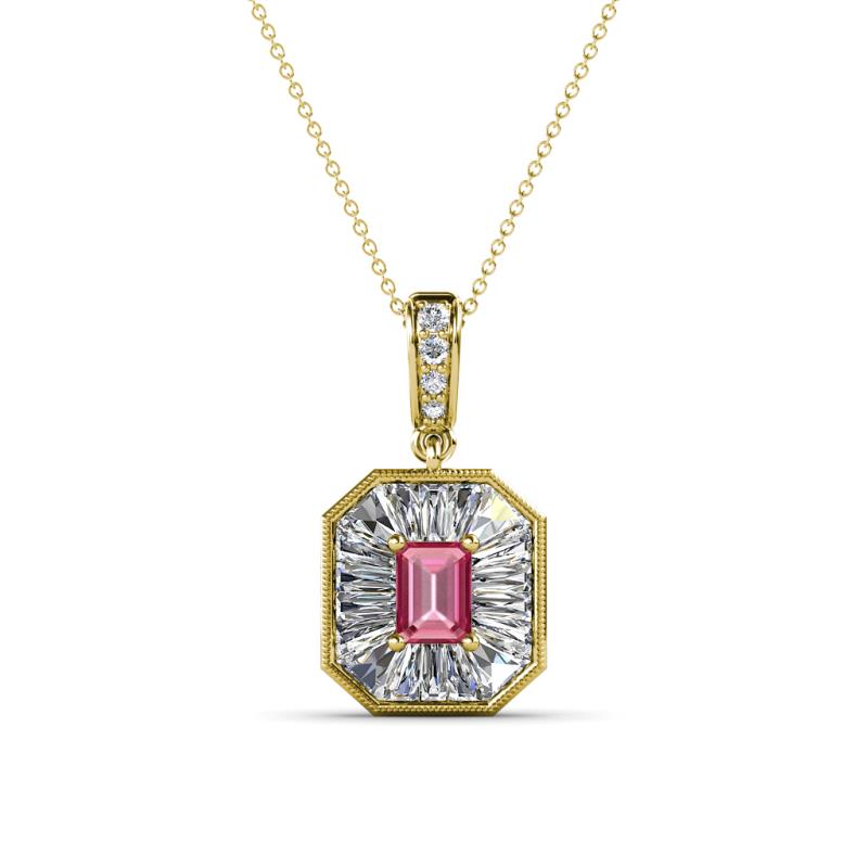 Pamela Iris 0.78 ctw Emerald Cut Pink Tourmaline and Baguette Diamond Milgrain Halo Pendant Necklace 