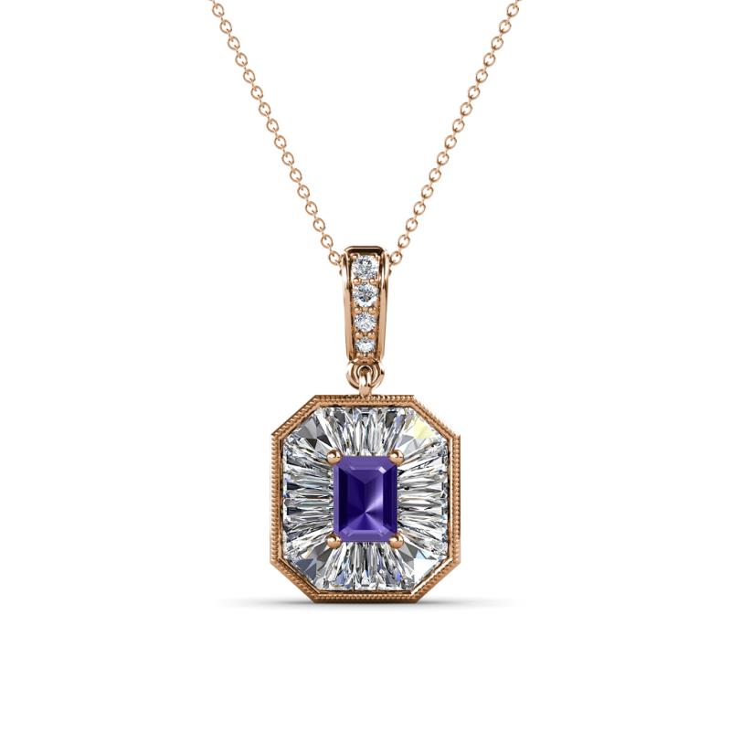 Pamela Iris 0.68 ctw Emerald Cut Iolite and Baguette Diamond Milgrain Halo Pendant Necklace 
