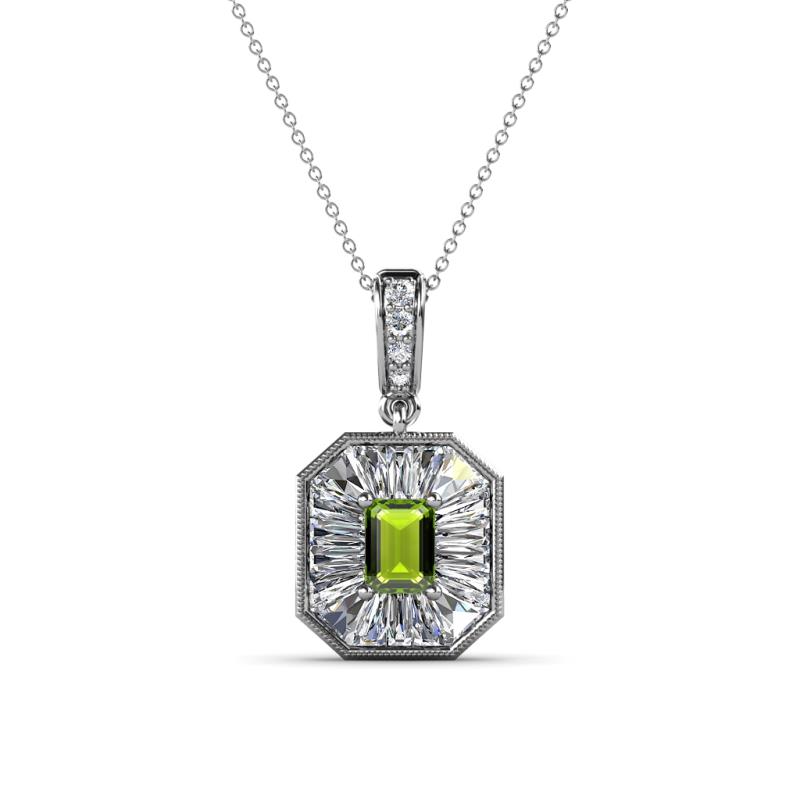 Pamela Iris 0.78 ctw Emerald Cut Peridot and Baguette Diamond Milgrain Halo Pendant Necklace 