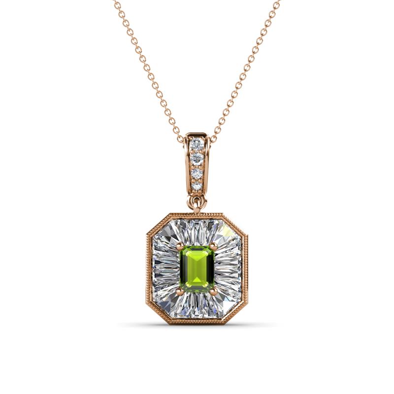 Pamela Iris 0.78 ctw Emerald Cut Peridot and Baguette Diamond Milgrain Halo Pendant Necklace 