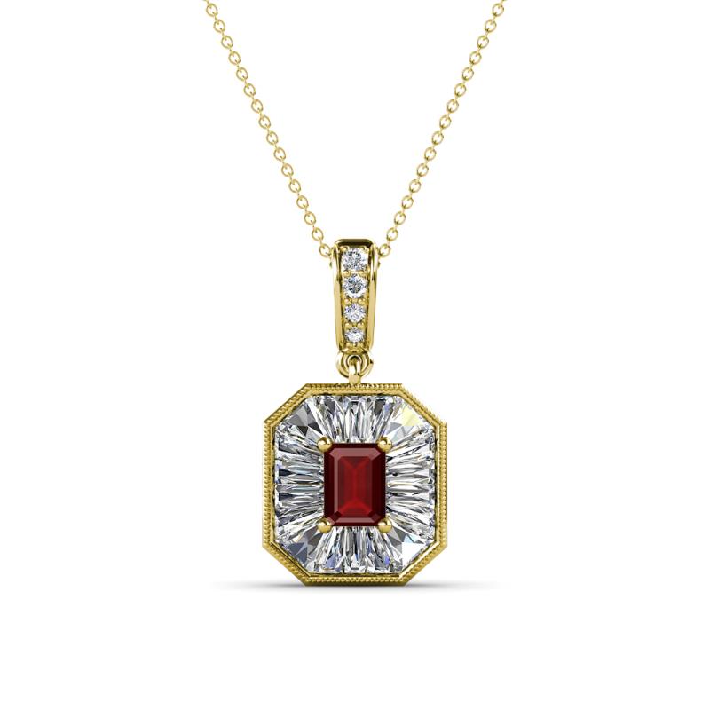 Pamela Iris 0.83 ctw Emerald Cut Red Garnet and Baguette Diamond Milgrain Halo Pendant Necklace 