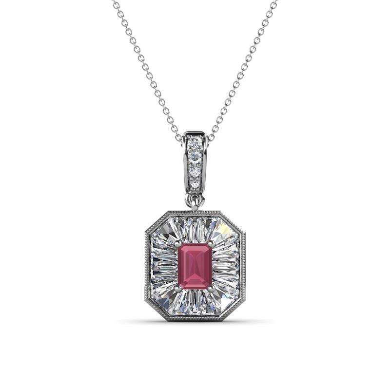 Pamela Iris 0.83 ctw Emerald Cut Rhodolite Garnet and Baguette Diamond Milgrain Halo Pendant Necklace 