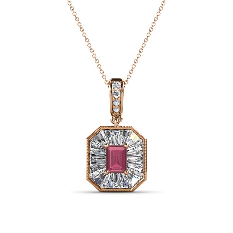 Pamela Iris 0.83 ctw Emerald Cut Rhodolite Garnet and Baguette Diamond Milgrain Halo Pendant Necklace 