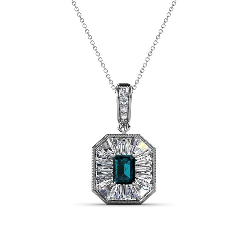 Pamela Iris 0.80 ctw Emerald Cut London Blue Topaz and Baguette Diamond Milgrain Halo Pendant Necklace 