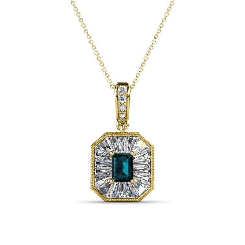 Pamela Iris 0.80 ctw Emerald Cut London Blue Topaz and Baguette Diamond Milgrain Halo Pendant Necklace 