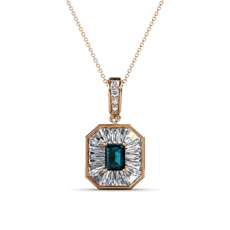Pamela Iris 0.80 ctw Emerald Cut London Blue Topaz and Baguette Diamond Milgrain Halo Pendant Necklace 