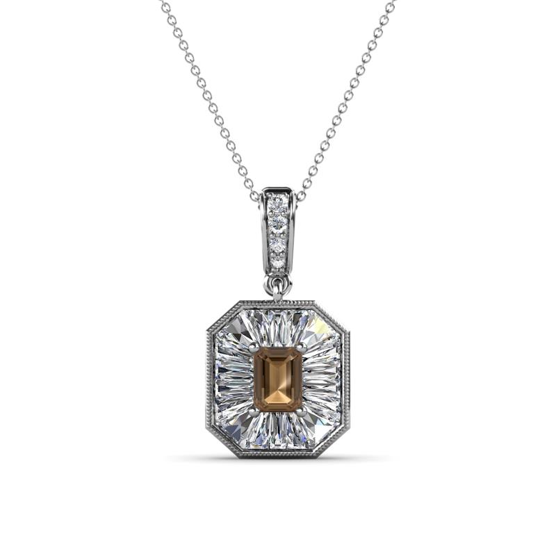 Pamela Iris 0.78 ctw Emerald Cut Smoky Quartz and Baguette Diamond Milgrain Halo Pendant Necklace 