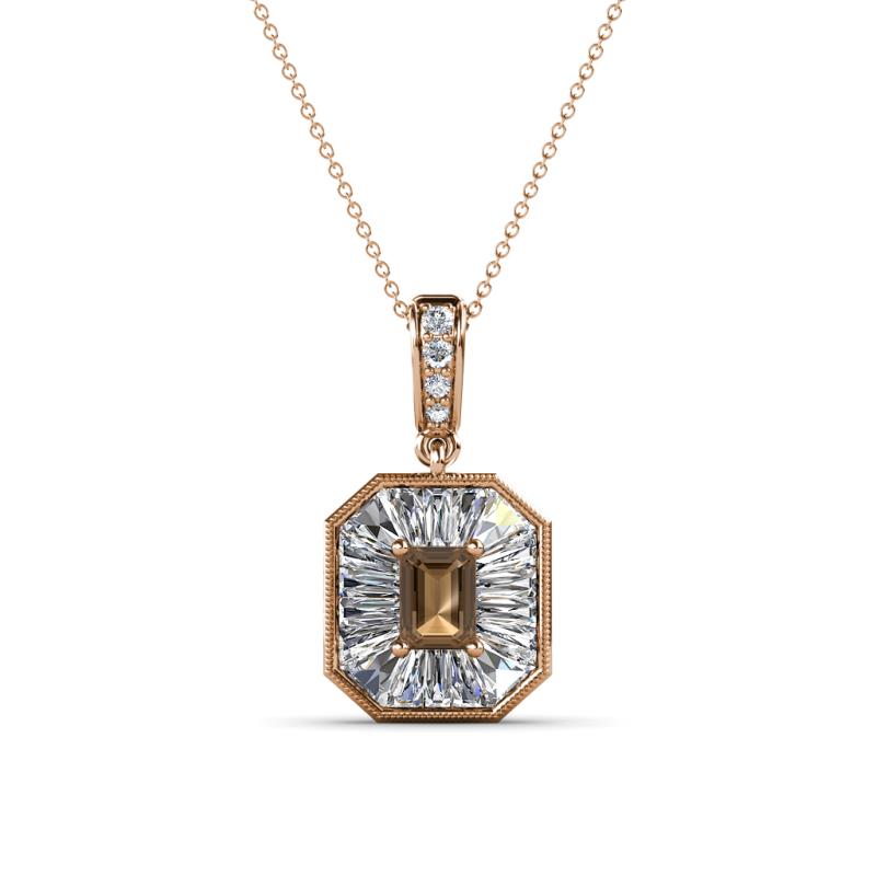 Pamela Iris 0.78 ctw Emerald Cut Smoky Quartz and Baguette Diamond Milgrain Halo Pendant Necklace 