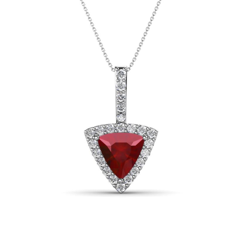 Barbara Trillion Cut Lab Created Ruby and Round Diamond Halo Pendant Necklace 