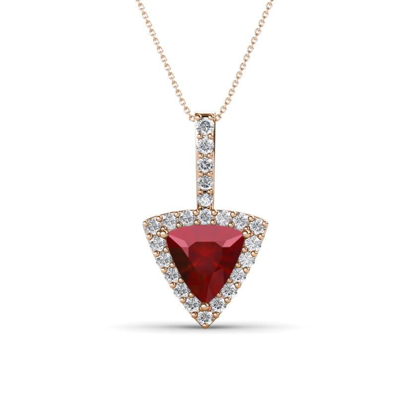 Barbara Trillion Cut Lab Created Ruby and Round Diamond Halo Pendant Necklace 