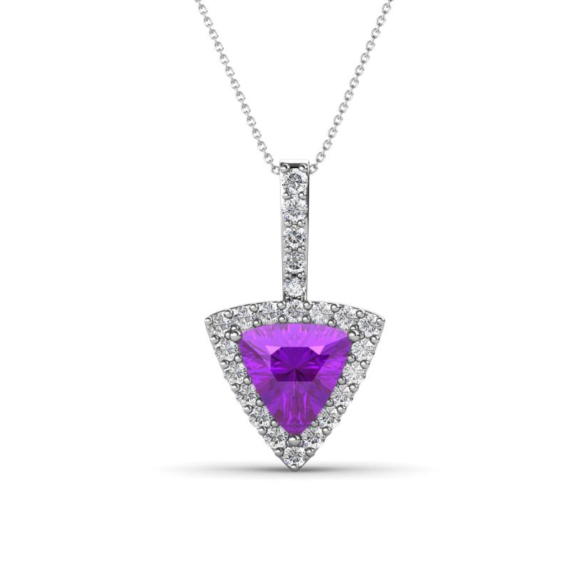 Barbara Trillion Cut Amethyst and Round Diamond Halo Pendant Necklace 