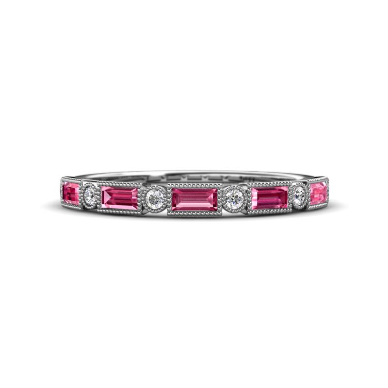 Kelli 0.82 ctw Baguette Shape Pink Tourmaline and Round Natural Diamond Milgrain Wedding Band 