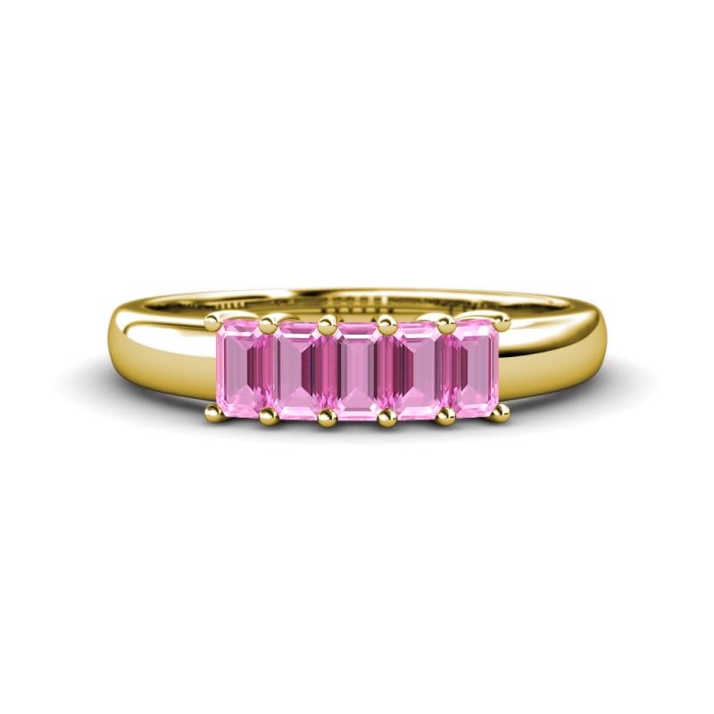 Melina 5x3 mm Emerald Cut Pink Sapphire 5 Stone Thick Shank Wedding Band 