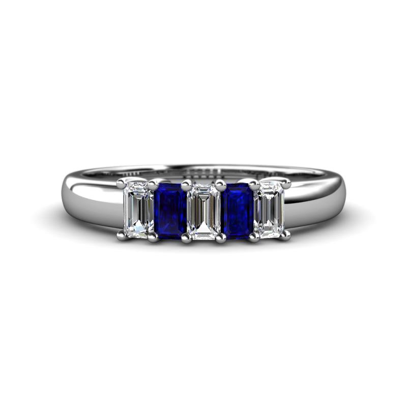 Melina 5x3 mm Emerald Cut Diamond and Blue Sapphire 5 Stone Thick Shank Wedding Band 