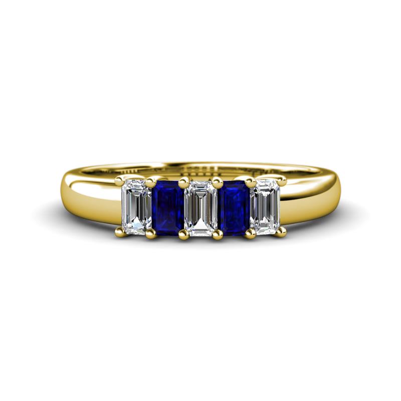 Melina 5x3 mm Emerald Cut Diamond and Blue Sapphire 5 Stone Thick Shank Wedding Band 