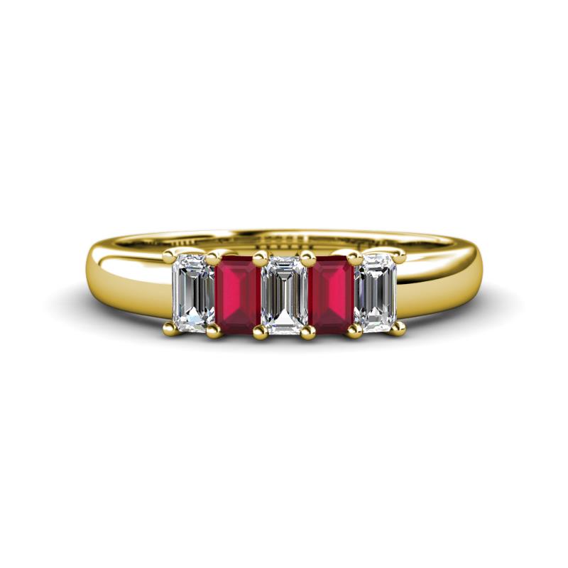 Melina 5x3 mm Emerald Cut Diamond and Ruby 5 Stone Thick Shank Wedding Band 