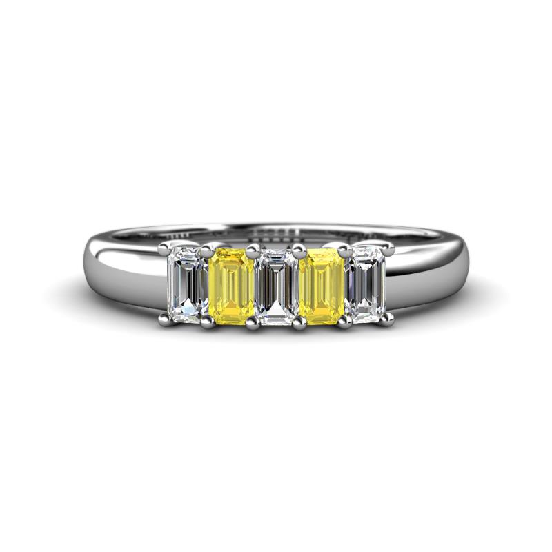 Melina 5x3 mm Emerald Cut Diamond and Yellow Sapphire 5 Stone Thick Shank Wedding Band 
