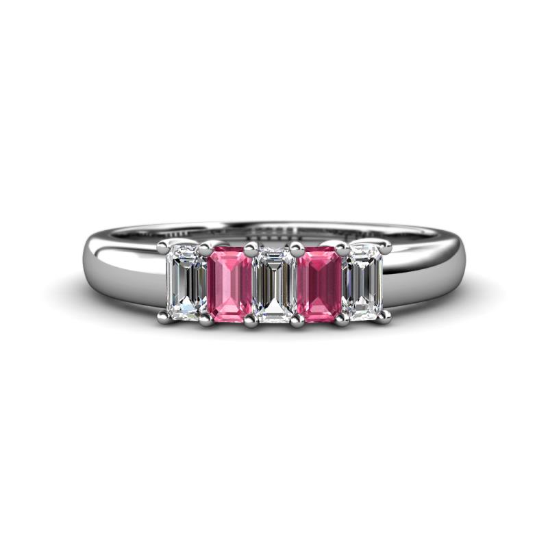 Melina 5x3 mm Emerald Cut Diamond and Pink Tourmaline 5 Stone Thick Shank Wedding Band 