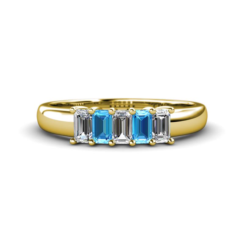 Melina 5x3 mm Emerald Cut Diamond and Blue Topaz 5 Stone Thick Shank Wedding Band 