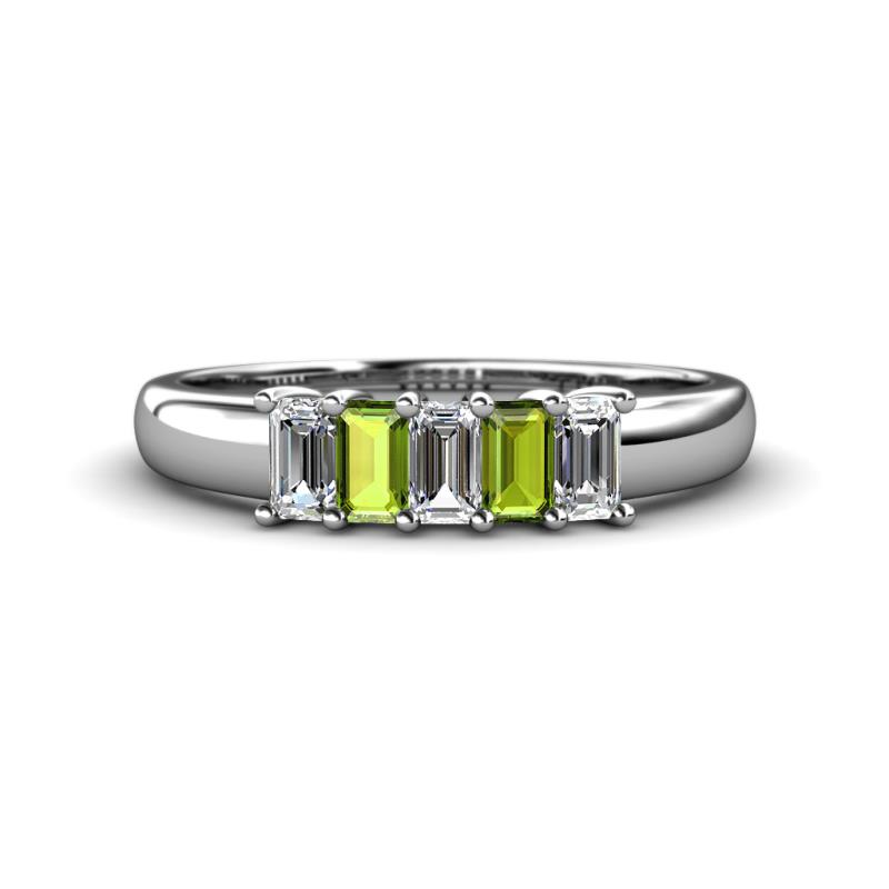 Melina 5x3 mm Emerald Cut Diamond and Peridot 5 Stone Thick Shank Wedding Band 