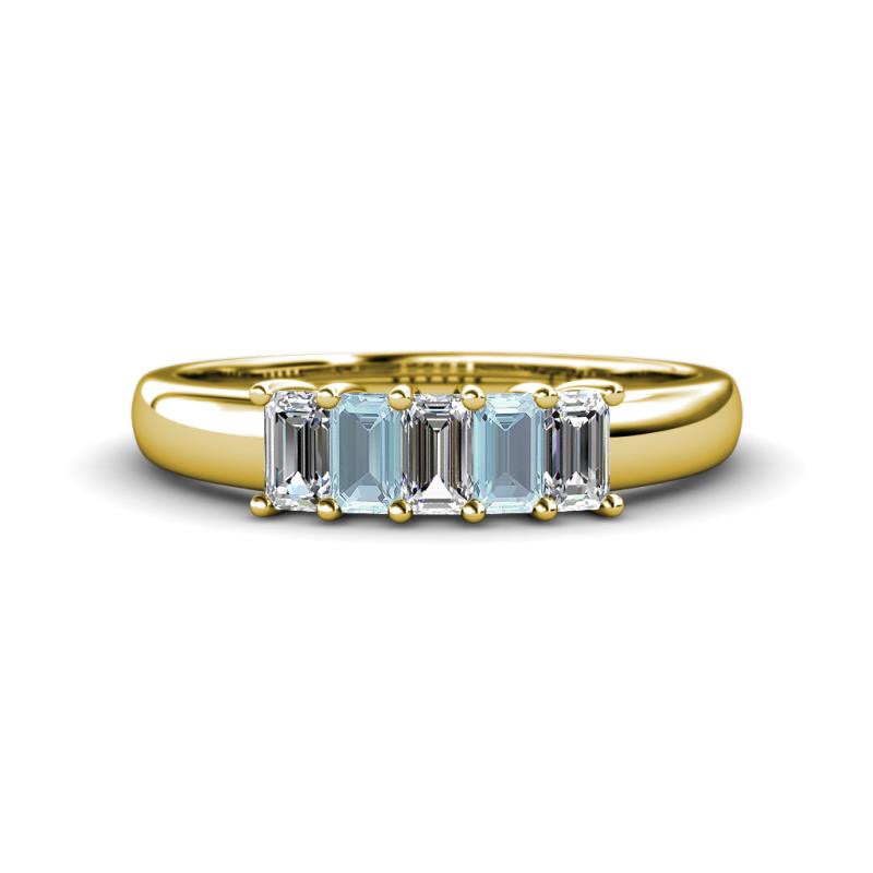 Melina 5x3 mm Emerald Cut Diamond and Aquamarine 5 Stone Thick Shank Wedding Band 