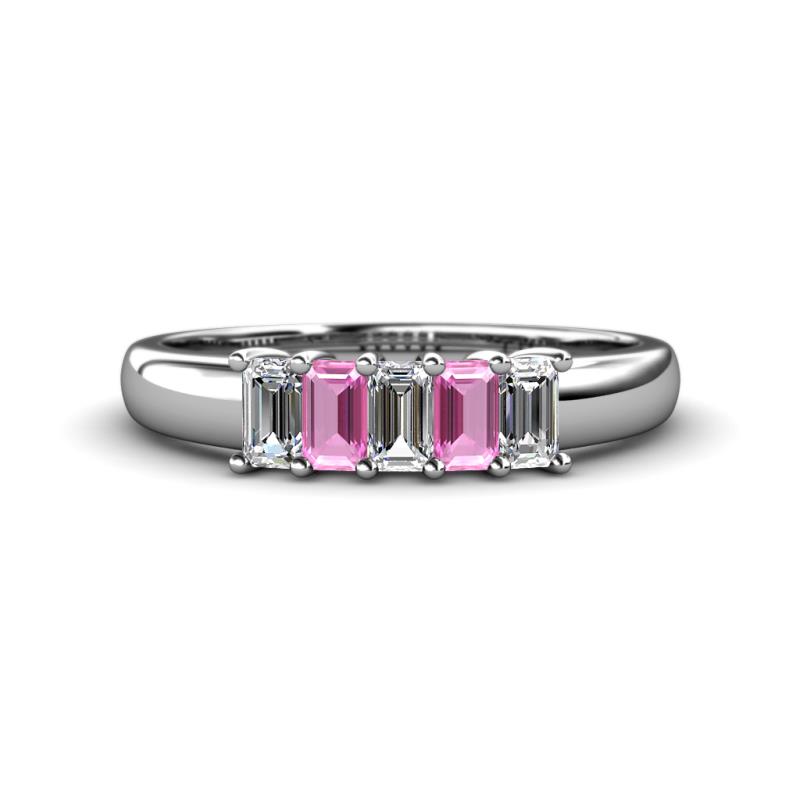 Melina 5x3 mm Emerald Cut Diamond and Pink Sapphire 5 Stone Thick Shank Wedding Band 